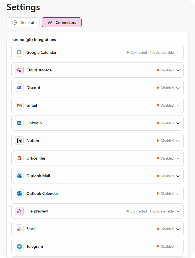 Haruno Settings showing the Connectors section.